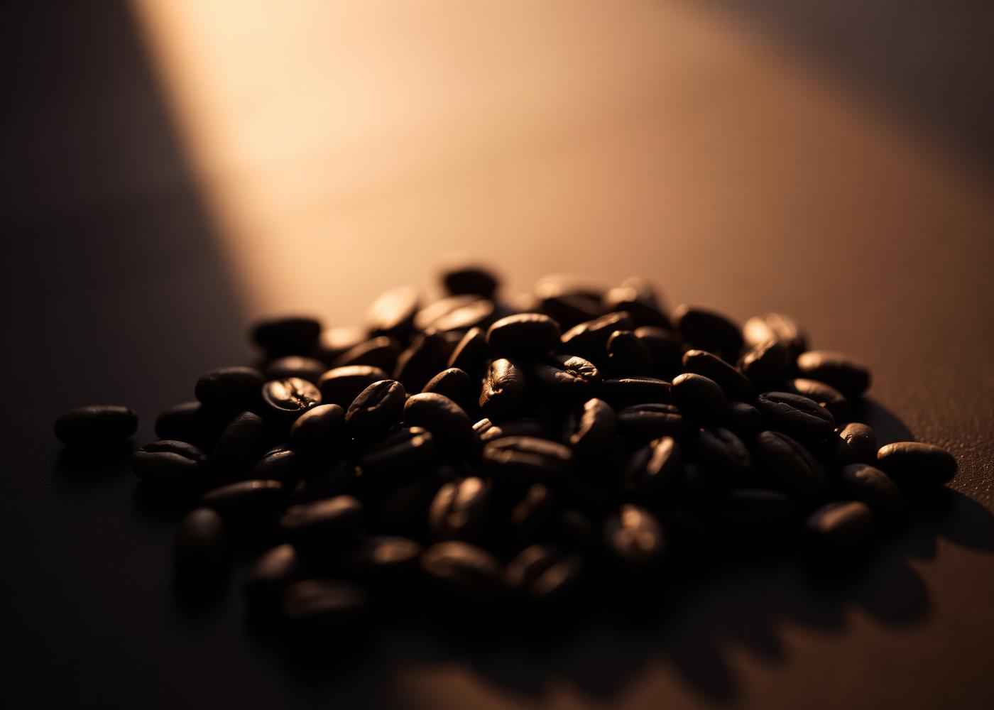 Grãos de café torrados sob luz dourada