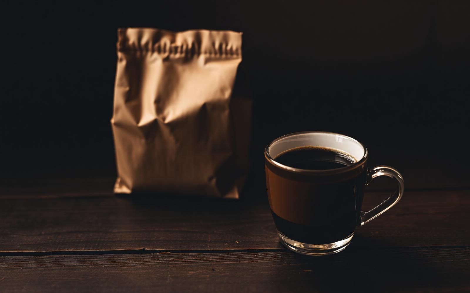 Xícara de café Sublime ao lado de um pacote de café