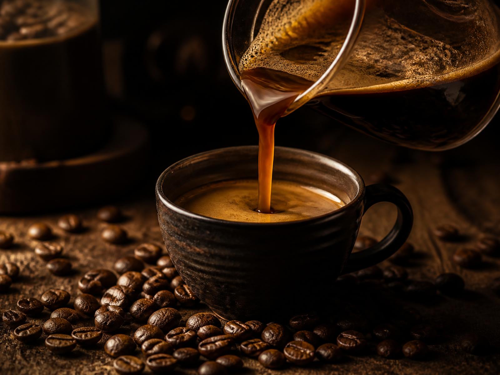 Café Sublime sendo preparado com grãos torrados ao redor